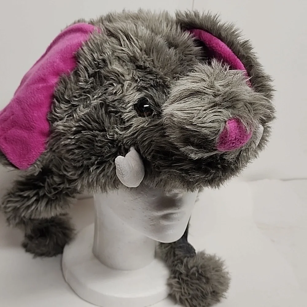 Plush Elephant Hat with Pink Ears, White Tusks, And Adorable Trunk.